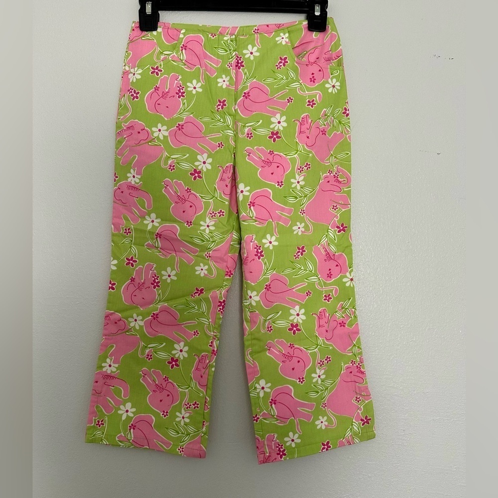 Lilly Pulitzer Girls Pink Elephant Capri Pants Sz 10 Green Cotton Stretch Preppy - Picture 3 of 5
